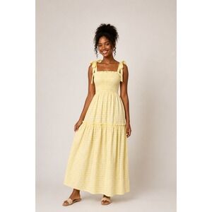 MABLE Yellow Gingham Checkered Smocked Maxi Dress Cute Summer Pockets‎ M